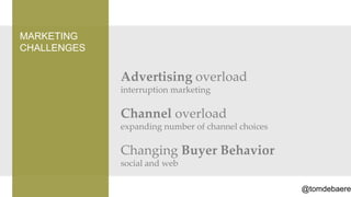 MARKETING
CHALLENGES


             Advertising overload
             interruption marketing

             Channel overload
             expanding number of channel choices

             Changing Buyer Behavior
             social and web

                                                   @tomdebaere
 