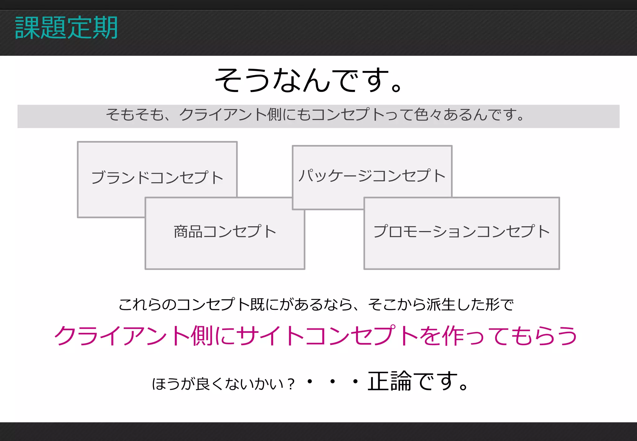 課題定期

          そうなんです。
   そもそも、クライアント側にもコンセプトって色々あるんです。



  ブランドコンセプト       パッケージコンセプト


        商品コンセプト        プロモーションコンセプト



   これらのコンセプト既にがあるなら、そこから派生した形で

 クライアント側にサイトコンセプトを作ってもらう
       ほうが良くないかい？・・・正論です。
 