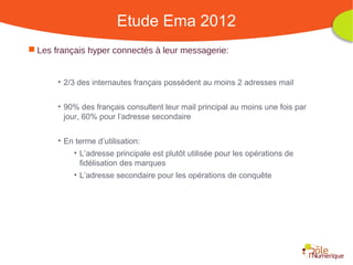 Etude Ema 2012
 Les français hyper connectés à leur messagerie:


       • 2/3 des internautes français possèdent au moins 2 adresses mail


       • 90% des français consultent leur mail principal au moins une fois par
         jour, 60% pour l’adresse secondaire


       • En terme d’utilisation:
           • L’adresse principale est plutôt utilisée pour les opérations de
             fidélisation des marques
           • L’adresse secondaire pour les opérations de conquête




                                                     Rencontre Région Rhône-Alpes 28 octobre 2010
 