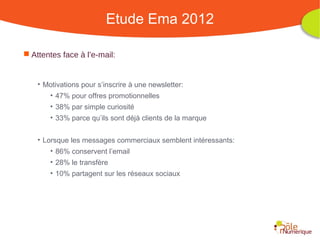 Etude Ema 2012

 Attentes face à l’e-mail:


    • Motivations pour s’inscrire à une newsletter:
       • 47% pour offres promotionnelles
        • 38% par simple curiosité
        • 33% parce qu’ils sont déjà clients de la marque


    • Lorsque les messages commerciaux semblent intéressants:
        • 86% conservent l’email
        • 28% le transfère
        • 10% partagent sur les réseaux sociaux




                                                      Rencontre Région Rhône-Alpes 28 octobre 2010
 