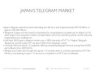(c) 2015 Eurotechnology Japan KK www.eurotechnology.com Japan’s telecom markets (Version 66) July 6 2015
JAPAN’STELEGRAM MARKET
262
•Japan’s telegram market has been decreasing but still has a size of approximatelyYEN 52 Billion (=
approx. US$ 500 Million)
•Telegrams in Japan are sent mainly by businesses for congratulations, condolences, to debtors or for
other urgent communications where correspondents cannot be reached by phone, and for personal
congratulations at weddings etc.
•Until April 2003, Japan’s telegram market was a 100% monopoly of NTT (= NipponTelegraph
Telephone), and still today NTT has about 90% of the telegraph market
•Currently there are about 12 companies offering competing telegraph services, among them KDDI,
and Softbank (from 2009/2010).
•Telegrams are often sent through the special 115 number, which is currently operated by NTT.The
Ministry is considering to open 115 service to competitors of NTT, such as Softbank.
 