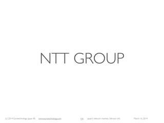 (c) 2015 Eurotechnology Japan KK www.eurotechnology.com Japan’s telecom markets (Version 66) July 6 2015
RESULTS OFTHE GALAPAGOS WORKING GROUP:VISION
OF RESTRUCTURING JAPAN’S ELECTRICAL COMPANIES
33
company A company B company C company D company E
TVs
batteries
solar cells
power stations
rice cookers
white goods
air conditioners
base stations
mobile phones
trains
For historic reasons combined with a low acceptance of M&A, Japan’s electrical conglomerates (Panasonic, Hitachi, Fujitsu etc) each are
thinly spread over a very large number of business areas. None of these business areas is typically large enough to have global impact,
and the necessary global market share to achieve high margins.
We believe it is necessary to restructure Japan’s electrical sector, from thinly spread conglomerates to narrowly focused companies.
Such restructuring has been done successfully for many companies in Germany, e.g. Germany’s chemical and pharmaceutical sector.
 