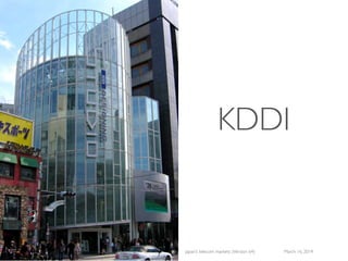 (c) 2015 Eurotechnology Japan KK www.eurotechnology.com Japan’s telecom markets (Version 66) July 6 2015
JAPAN’STHREE MAJORTELECOM OPERATORS FY 2014
43
Tokyo Stock
Exchange Code
FY 2014 sales
(ends March 31,
2015)
FY2014 net proﬁt
(ends March 31,
2015)
market cap
(July 3, 2015)
NTT 9432
¥ 11095 billion
US$ 90 billion
¥ 518 billion
US$ 4.2 billion
¥ 10,190 billion
US$ 83 billion
NTT docomo 9437
¥ 4383 billion
US$ 36 billion
¥ 410 billion
US$ 3.4 billion
¥ 9852 billion
US$ 80 billion
KDDI 9433
¥ 4573 billion
US$ 37 billion
¥ 428 billion
US$ 3.5 billion
¥ 7966 billion
US$ 64.8 billion
Softbank Group 9984
¥ 8670 billion
US$ 70.6 billion
¥ 764 billion
US$ 6.2 billion
¥ 8603 billion
US$ 70.7 billion
 