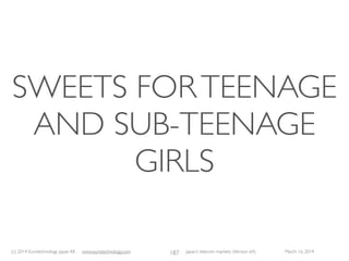 (c) 2015 Eurotechnology Japan KK www.eurotechnology.com Japan’s telecom markets (Version 66) July 6 2015
NOTE.
120
Note that the radio spectrum and base station data are of November 2010, and there have been some changes in
spectrum allocation and base station roll-out since that date.
We are currently working on updating this section, and the updated data will be included in one of the following editions
of this report shortly. Make sure you subscribe to this report series, then we will send you the updated versions while
your subscription is current.
Subscribe here:
subscription, monthly payment, you can end the subscription any time (no refunds):
http://store.eSellerate.net/s.asp?s=STR0576176470&Cmd=BUY&SKURefnum=SKU58870246995
subscription, annual payment, you can end the subscription any time (no refunds):
http://store.eSellerate.net/s.asp?s=STR0576176470&Cmd=BUY&SKURefnum=SKU84043119788
 