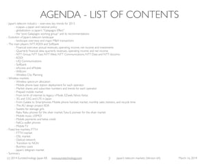 (c) 2015 Eurotechnology Japan KK www.eurotechnology.com Japan’s telecom markets (Version 66) July 6 2015
JAPAN’STELECOM MARKETS-VERSION OVERVIEW
7
Version Date Comments
65 May 6, 2014 ﬁnancial data FY to March 2014
66 July 6, 2015 updates and corrections
67
68
69
70
71
72
73
74
75
76
Subscribe to this report, and we will regularly send you the latest versions.
subscription, monthly payment, you can end the subscription any time (no refunds):
http://store.eSellerate.net/s.asp?s=STR0576176470&Cmd=BUY&SKURefnum=SKU58870246995
subscription, annual payment, you can end the subscription any time (no refunds):
http://store.eSellerate.net/s.asp?s=STR0576176470&Cmd=BUY&SKURefnum=SKU84043119788
 