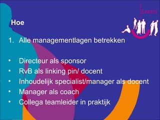 Hoe

1. Alle managementlagen betrekken

•    Directeur als sponsor
•    RvB als linking pin/ docent
•    Inhoudelijk speci...