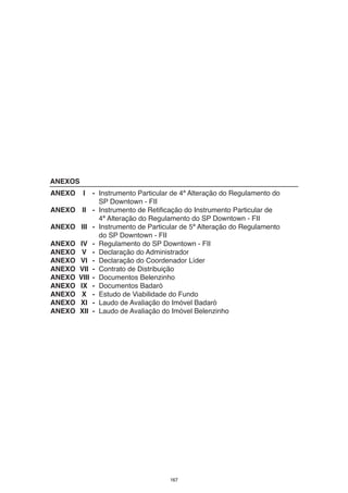 ANEXOS
ANEXO    I     - Instrumento Particular de 4ª Alteração do Regulamento do
                 SP Downtown - FII
ANEXO II       - Instrumento de Retificação do Instrumento Particular de
                 4ª Alteração do Regulamento do SP Downtown - FII
ANEXO III      - Instrumento de Particular de 5ª Alteração do Regulamento
                 do SP Downtown - FII
ANEXO   IV     - Regulamento do SP Downtown - FII
ANEXO    V     - Declaração do Administrador
ANEXO   VI     - Declaração do Coordenador Líder
ANEXO   VII    - Contrato de Distribuição
ANEXO   VIII   - Documentos Belenzinho
ANEXO   IX     - Documentos Badaró
ANEXO    X     - Estudo de Viabilidade do Fundo
ANEXO   XI     - Laudo de Avaliação do Imóvel Badaró
ANEXO   XII    - Laudo de Avaliação do Imóvel Belenzinho




                                       167
 