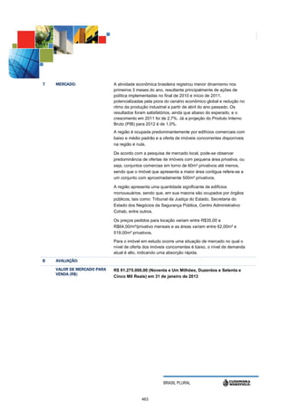 7   MERCADO:                A atividade econômica brasileira registrou menor dinamismo nos
                            primeiros 3 meses do ano, resultante principalmente de ações de
                            política implementadas no final de 2010 e início de 2011,
                            potencializadas pela piora do cenário econômico global e redução no
                            ritmo da produção industrial a partir de abril do ano passado. Os
                            resultados foram satisfatórios, ainda que abaixo do esperado, e o
                            crescimento em 2011 foi de 2,7%. Já a projeção do Produto Interno
                            Bruto (PIB) para 2012 é de 1,0%.
                            A região é ocupada predominantemente por edifícios comerciais com
                            baixo e médio padrão e a oferta de imóveis concorrentes disponíveis
                            na região é nula.

                            De acordo com a pesquisa de mercado local, pode-se observar
                            predominância de ofertas de imóveis com pequena área privativa, ou
                            seja, conjuntos comercias em torno de 60m² privativos até menos,
                            sendo que o imóvel que apresenta a maior área contigua refere-se a
                            um conjunto com aproximadamente 500m² privativos.

                            A região apresenta uma quantidade significante de edifícios
                            monousuários, sendo que, em sua maioria são ocupados por órgãos
                            públicos, tais como: Tribunal da Justiça do Estado, Secretaria do
                            Estado dos Negócios da Segurança Pública, Centro Administrativo
                            Cohab, entre outros.

                            Os preços pedidos para locação variam entre R$35,00 a
                            R$64,00/m²/privativo mensais e as áreas variam entre 62,00m² e
                            519,00m² privativos.

                            Para o imóvel em estudo ocorre uma situação de mercado no qual o
                            nível de oferta dos imóveis concorrentes é baixo, o nível de demanda
                            atual é alto, indicando uma absorção rápida.
8   AVALIAÇÃO:

    VALOR DE MERCADO PARA   R$ 91.275.000,00 (Noventa e Um Milhões, Duzentos e Setenta e
    VENDA (R$)
                            Cinco Mil Reais) em 31 de janeiro de 2013




                                                     BRASIL PLURAL


                                          463
 