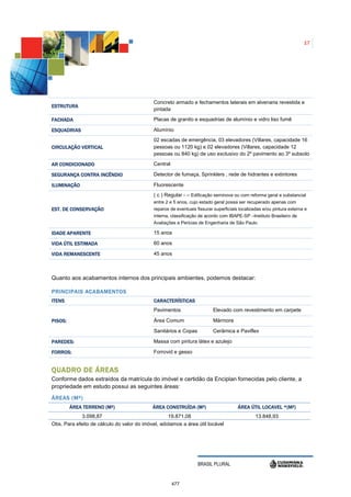 17




                                             Concreto armado e fechamentos laterais em alvenaria revestida e
ESTRUTURA
                                             pintada

FACHADA                                      Placas de granito e esquadrias de alumínio e vidro liso fumê

ESQUADRIAS                                   Alumínio
                                             02 escadas de emergência, 03 elevadores (Villares, capacidade 16
CIRCULAÇÃO VERTICAL                          pessoas ou 1120 kg) e 02 elevadores (Villares, capacidade 12
                                             pessoas ou 840 kg) de uso exclusivo do 2º pavimento ao 3º subsolo

AR CONDICIONADO                              Central

SEGURANÇA CONTRA INCÊNDIO                    Detector de fumaça, Sprinklers , rede de hidrantes e extintores

ILUMINAÇÃO                                   Fluorescente
                                             ( c ) Regular - – Edificação seminova ou com reforma geral e substancial
                                             entre 2 e 5 anos, cujo estado geral possa ser recuperado apenas com
EST. DE CONSERVAÇÃO                          reparos de eventuais fissurar superficiais localizadas e/ou pintura externa e
                                             interna, classificação de acordo com IBAPE-SP –Instituto Brasileiro de
                                             Avaliações e Pericias de Engenharia de São Paulo

IDADE APARENTE                               15 anos

VIDA ÚTIL ESTIMADA                           60 anos

VIDA REMANESCENTE                            45 anos



Quanto aos acabamentos internos dos principais ambientes, podemos destacar:

PRINCIPAIS ACABAMENTO S
                    O
ITENS                                        CARACTERÍSTICAS
                                             Pavimentos                   Elevado com revestimento em carpete

PISOS:                                       Área Comum                   Mármore

                                             Sanitários e Copas           Cerâmica e Paviflex

PAREDES:                                     Massa com pintura látex e azulejo

FORROS:                                      Forrovid e gesso


QUADRO DE ÁREAS
Conforme dados extraídos da matrícula do imóvel e certidão da Enciplan fornecidas pelo cliente, a
propriedade em estudo possui as seguintes áreas:

ÁREAS (M²)
         ÁREA TERRENO (M²)                  ÁREA CONSTRUÍDA (M²)                       ÁREA ÚTIL LOCAVEL *(M²)
                                                                                                          (
             3.098,87                              19.871,08                                    13.848,93
Obs. Para efeito de cálculo do valor do imóvel, adotamos a área útil locável




                                                                   BRASIL PLURAL


                                                       477
 