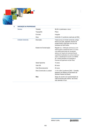 4   DESCRIÇÃO DA PROPRIEDADE:
    Terreno:                    Testada                       96,00 m (estimada in loco)
                                Topografia:                   Plana
                                Formato:                      Irregular
                                Área:                         8.444,90 m² (conforme matrícula do RGI)

    Unidade Avalianda:          Descrição:                    Trata-se de um imóvel comercial, antiga
                                                              fabrica de Café, adaptado através de
                                                              projeto Built to Suilt para uso de uma
                                                              empresa de Call Center.
                                Estado de Conservação:        Regular (c) – Edificação seminova ou com
                                                              reforma geral e substancial entre 2 e 5 anos,
                                                              cujo estado geral possa ser recuperado
                                                              apenas com reparos de eventuais fissurar
                                                              superficiais localizadas e/ou pintura externa e
                                                              interna, classificação de acordo com IBAPE-
                                                              SP –Instituto Brasileiro de Avaliações e
                                                              Pericias de Engenharia de São Paulo

                                Idade Aparente:               15 anos
                                Vida Útil:                    60 anos
                                Vida Remanescente:            45 anos
                                Área Construída e Locável     11.911,45m² (conforme CND – Certidão
                                                              Negativa de Débitos da Secretaria da
                                                              Receita Federal do Brasil)
                                Obs:                          Áreas de acordo com apresentação da
                                                              CND fornecida pelo cliente, não tendo
                                                              sido aferidas in loco




                                                         BRASIL PLURAL


                                              600
 