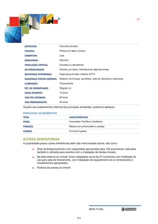 17




 ESTRUTURA                      Concreto armado

 FACHADA                        Pintura em látex e brises

 COBERTURA                      Laje

 ESQUADRIAS                     Alumínio

 CIRCULAÇÃO VERTICAL            Escadas ou elevadores

 AR CONDICIONADO                Central, por bloco, Individual em algumas áreas

 SEGURANÇA PATRIMONIAL          Segurança privada, sistema CFTV

 SEGURANÇA CONTRA INCÊNDIO      Detector de fumaça, sprinklers, rede de hidrantes e extintores

 ILUMINAÇÃO                     Fluorescente

 EST. DE CONSERVAÇÃO            Regular (c)

 IDADE APARENTE                 15 anos

 VIDA ÚTIL ESTIMADA             60 anos

 VIDA REMANESCENTE:             45 anos

Quanto aos acabamentos internos dos principais ambientes, podemos destacar:

PRINCIPAIS ACABAMENTO S
                    O
ITENS                                      CARACTERÍSTICAS
PISOS:                                     Cimentado, Paviflex e Cerâmica

PAREDES:                                   Massa com pintura látex e azulejo

FORROS:                                    Forrovid e gesso


OUTRAS BENFEITORIAS
A propriedade possui outras benfeitorias além das mencionadas acima, tais como:

             Área de Estacionamento com capacidade aproximada para 100 automóveis; esta área
             também é utilizada para eventos com a instalação de tendas móveis;
             Na área externa do imóvel, foram adaptados cerca de 07 containers com finalidade de
             uso para sala de treinamento, com instalação de equipamento de ar condicionado e
             revestimentos apropriados;
             Portaria de acesso ao imóvel.




                                                              BRASIL PLURAL


                                                  615
 