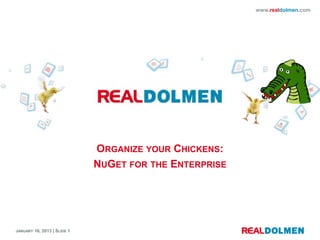 www.realdolmen.com




                             ORGANIZE YOUR CHICKENS:
                             NUGET FOR THE ENTERPRISE




JANUARY 16, 2013 | SLIDE 1
 