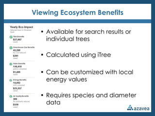 Viewing Ecosystem Benefits

  • Available for search results or
    individual trees

  • Calculated using iTree

  • Can be customized with local
    energy values

  • Requires species and diameter
    data
 