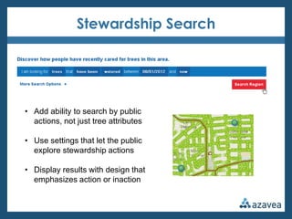 Stewardship Search




• Add ability to search by public
  actions, not just tree attributes

• Use settings that let the public
  explore stewardship actions

• Display results with design that
  emphasizes action or inaction
 