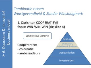 Combinatie tussen
 6. Duurzaam & innovatief

                             Winstgevendheid & Zonder Winstoogmerk
       business model


                               1. Oprichten COÖPERATIEVE
                               focus: WIN-WIN-WIN (zie slide 4)

                                    Collaboratieve Economie
                                                                     Bestuur
                                                                    Werknemers,
                               Coöperanten:                   Vrijwilligers & Studenten
                               - co-creatie
                               - ambassadeurs                   Actieve leden

                                                                Investeerders

                                                                                          17
 