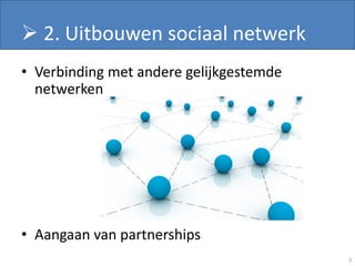  2. Uitbouwen sociaal netwerk
• Verbinding met andere gelijkgestemde
  netwerken




• Aangaan van partnerships
                                         5
 