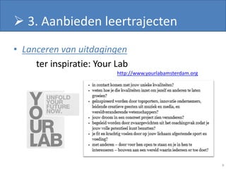  3. Aanbieden leertrajecten
• Lanceren van uitdagingen
     ter inspiratie: Your Lab
                          http://www.yourlabamsterdam.org




                                                            9
 