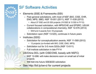 SI2 Software Activities
•  Elements (SSE) & Frameworks (SSI)
    –  Past general solicitations, with most of NSF (BIO, CIS...
