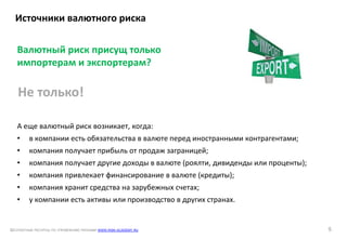 БЕСПЛАТНЫЕ РЕСУРСЫ ПО УПРАВЛЕНИЮ РИСКАМИ WWW.RISK-ACADEMY.RU 5
А еще валютный риск возникает, когда:
• в компании есть обязательства в валюте перед иностранными контрагентами;
• компания получает прибыль от продаж заграницей;
• компания получает другие доходы в валюте (роялти, дивиденды или проценты);
• компания привлекает финансирование в валюте (кредиты);
• компания хранит средства на зарубежных счетах;
• у компании есть активы или производство в других странах.
Источники валютного риска
Валютный риск присущ только
импортерам и экспортерам?
Не только!
 