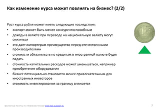 БЕСПЛАТНЫЕ РЕСУРСЫ ПО УПРАВЛЕНИЮ РИСКАМИ WWW.RISK-ACADEMY.RU 7
Рост курса рубля может иметь следующие последствия:
• экспорт может быть менее конкурентоспособным
• доходы в валюте при переводе на национальную валюту могут
снизиться
• это дает импортерам преимущество перед отечественными
производителями
• стоимости обязательств по кредитам в иностранной валюте будет
падать
• стоимость капитальных расходов может уменьшаться, например
приобретение оборудования
• бизнес потенциально становится менее привлекательным для
иностранных инвесторов
• стоимость инвестирования за границу снижается
Как изменение курса может повлиять на бизнес? (2/2)
 