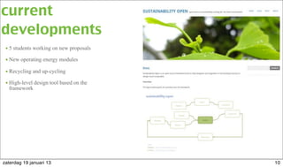 • 5 students working on new proposals
• New operating energy modules
• Recycling and up-cycling
• High-level design tool based on the
framework
current
developments
10zaterdag 19 januari 13
 