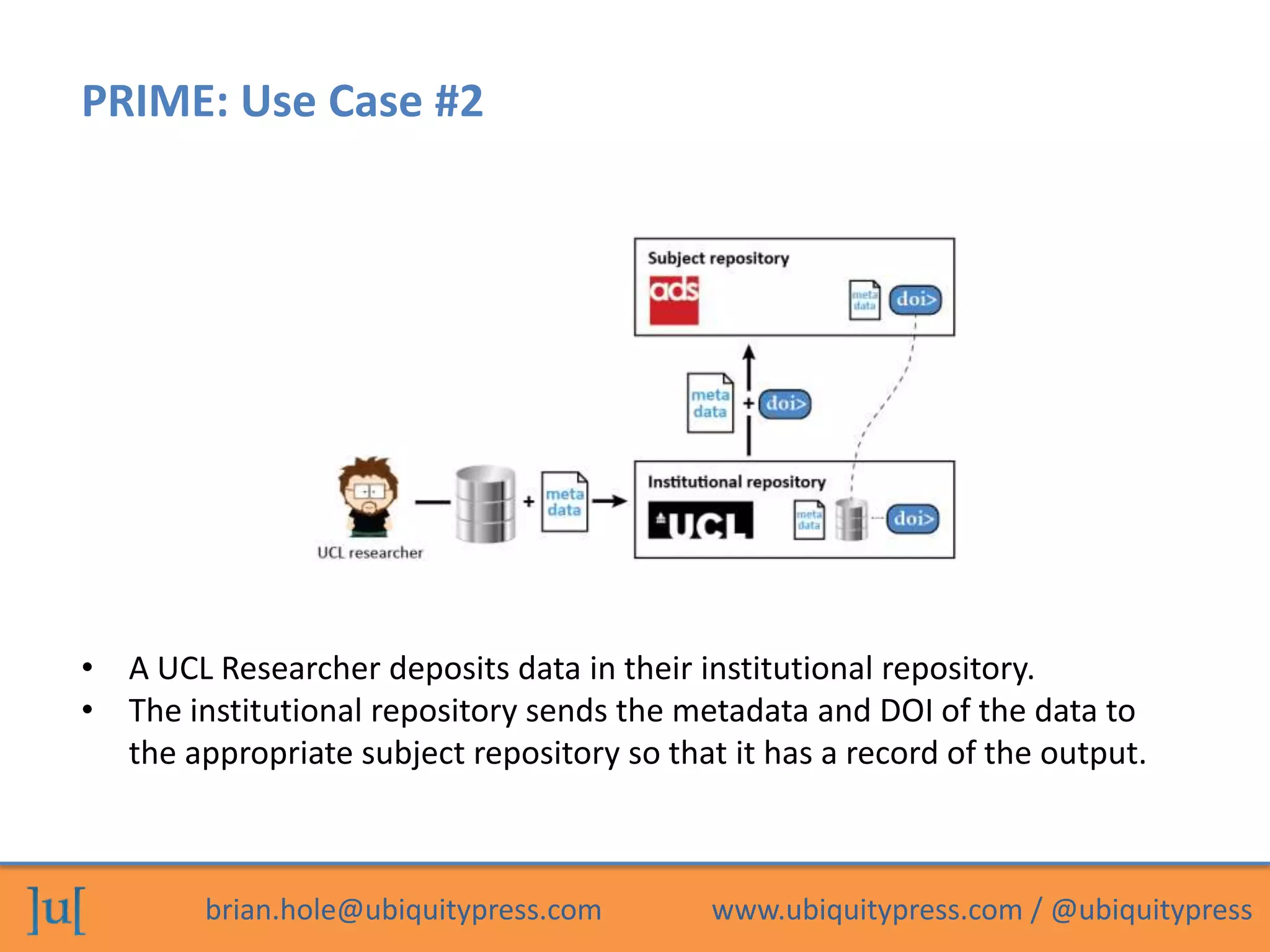PRIME: Use Case #2




• A UCL Researcher deposits data in their institutional repository.
• The institutional repository sends the metadata and DOI of the data to
  the appropriate subject repository so that it has a record of the output.



        brian.hole@ubiquitypress.com        www.ubiquitypress.com / @ubiquitypress
 
