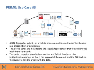 PRIME: Use Case #3




•   A UCL Researcher submits an article to a journal, and is asked to archive the data
    as a pre...