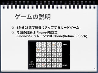 ゲームの説明
1から25まで順番にタップするカードゲーム
今回の対象はiPhone4を想定
iPhoneシミュレータではiPhone(Retina 3.5inch)




                                   ...