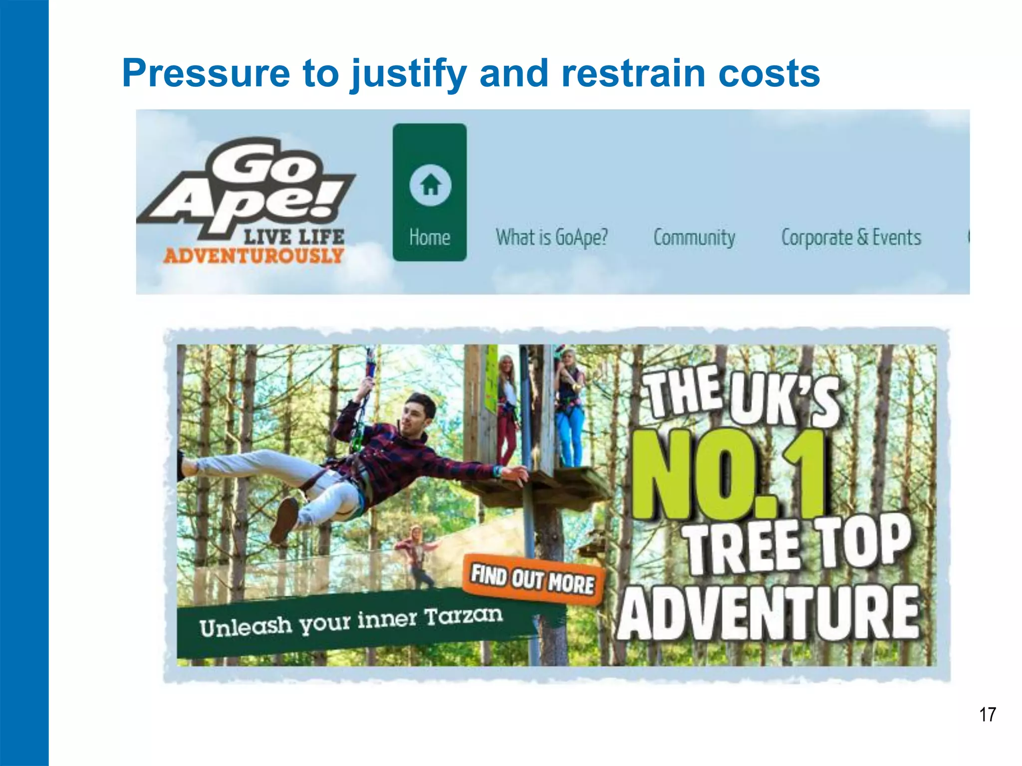 Pressure to justify and restrain costs




                                         17
 