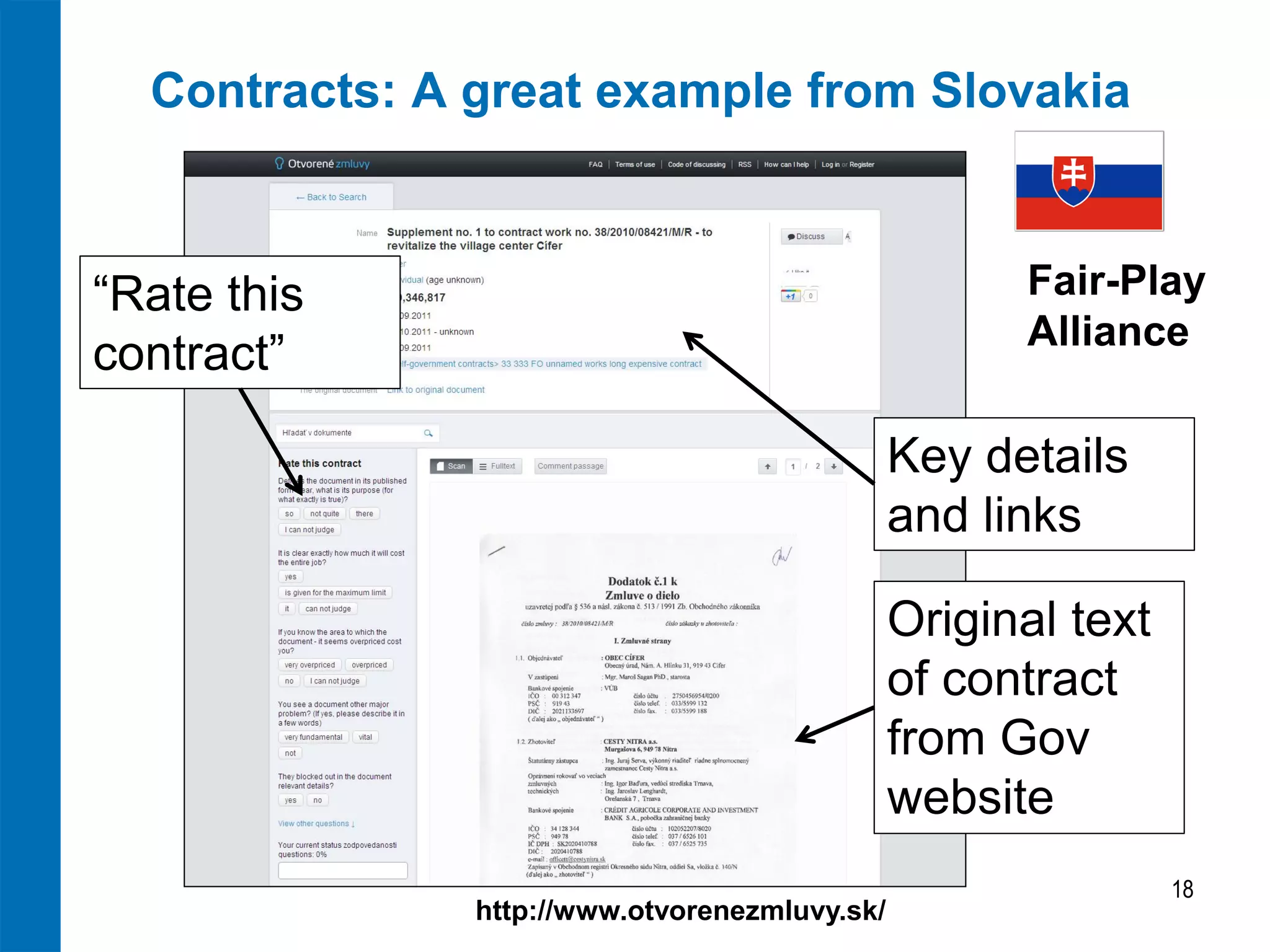 Contracts: A great example from Slovakia



“Rate this                                           Fair-Play
                                                     Alliance
contract”

                                               Key details
                                               and links

                                               Original text
                                               of contract
                                               from Gov
                                               website
                                                               18
               http://www.otvorenezmluvy.sk/
 