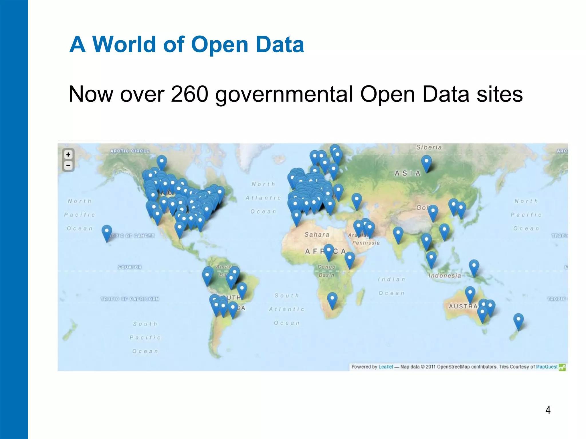 A World of Open Data

Now over 260 governmental Open Data sites




                                            4
 