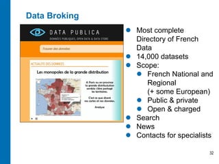 Data Broking
                Most complete
                 Directory of French
                 Data
                14,000 datasets
                Scope:
                  French National and
                    Regional
                    (+ some European)
                  Public & private
                  Open & charged
                Search
                News
                Contacts for specialists

                                       32
 