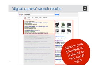 ‘digital camera’ search results




                                                  paid
                                       SE M or nts
                                             eme n
                                        plac ed i
                                         o utlin p &
                                          re d: to 
11
                                               r ight
 