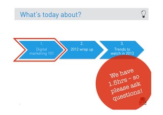 What’s today about?



         1.              2.             3.
       Digital      2012 wrap up    Trends to
    marketing 101                  watch in 2013




                                   We   have
                                           – so
                                   1. 5hrs ask
                                    pl ease ns!
                                     que stio
3
 