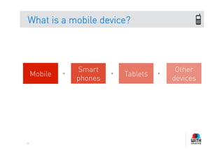 What is a mobile device?




                  Smart                       Other
     Mobile   =            +   Tablets   +
                  phones                     devices




37
 