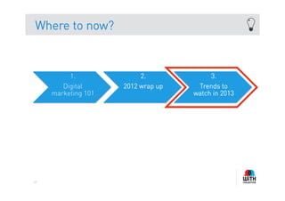 Where to now?



          1.              2.             3.
        Digital      2012 wrap up    Trends to
     marketing 101                  watch in 2013




67
 