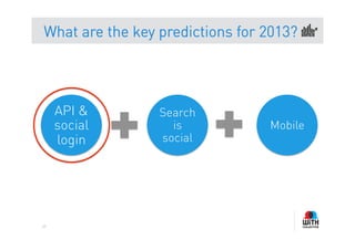 What are the key predictions for 2013?




     API &       Search
     social        is            Mobile
     login       social




69
 