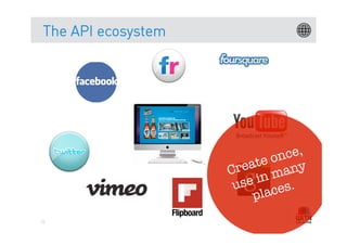 The API ecosystem




                               ce,
                           e on y
                    C reat man
                     u se in es.
                         plac
72
 