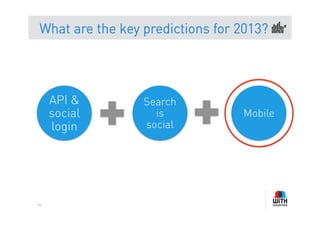 What are the key predictions for 2013?




     API &       Search
     social        is            Mobile
     login       social




84
 