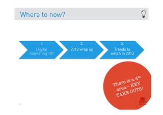 Where to now?



          1.              2.             3.
        Digital      2012 wrap up    Trends to
     marketing 101                  watch in 2013




                                                    h
                                               4t
                                         e is a Y
                                     Ther – KE
                                      area OUTS!
                                          E
                                      TAK
87
 