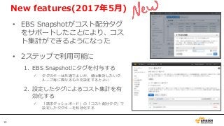 10
• EBS Snapshotがコスト配分タグ
をサポートしたことにより、コス
ト集計ができるようになった
• 2ステップで利用可能に
1. EBS Snapshotにタグを付与する
 タグのキーは共通でよいが、値は集計したいグ
ループ毎に異なるものを設定するとよい
2. 設定したタグによるコスト集計を有
効化する
 「請求ダッシュボード」の「コスト配分タグ」で
設定したタグキーを有効化する
New features(2017年5月)
EBS
PIOPS
20,000
 