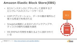 12
Amazon Elastic Block Store(EBS)
• EC2インスタンスにアタッチして使用するブ
ロックレベルのストレージサービス
• OSやアプリケーション、データの置き場所など
様々な用途で利用される
• Snapshot機能によるS3へのバックアップや、
ディスクの暗号化機能を提供
• 99.999%の可用性を備えるように設計されて
いる
EC2
EBS
※製品紹介ページ：http://aws.amazon.com/jp/ebs/details/
 