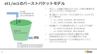 37
st1/sc1のバーストバケットモデル
蓄積上限：
(st1/sc1)1TB/TB
流入量：
(st1)40MB/秒/TB
(sc1)12MB/秒/TB
流出量：
(st1)250MB/秒/TB,Max500MB/秒
(sc1)80MB/秒/TB,Max250MB/秒
• ボリューム容量1TBあたりにつき、1TBまで蓄積でき
るバーストバケットが存在する
• 流入量(ベースパフォーマンス)はボリュームタイプに
よって異なる
 st1: 1TBあたり40MB/秒、最大500MB/秒
 sc1: 1TBあたり12MB/秒、最大192MB/秒
• 流出量(バースト時性能)もボリュームタイプに依存
• st1:1TBあたり250MB/秒、最大500MB/秒
• sc1:1TBあたり80MB/秒、最大250MB/秒
• st1で12,800GB(12.5TB)以上確保すると常時
500MB/秒となりバーストの概念がなくなる
• Snapshot作成中はバーストが発生せずベースパ
フォーマンスとなる
 