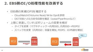 50
2. EBS側のI/O処理性能を改善する
• EBS側の実績IOPSを確認する
– CloudWatchのVolume Read/Write Opsを参照
– OSでEBSへのI/O命令回数を確認（iostatやperfmonなど）
• 上限に到達していればボリュームの変更を検討
– タイプを変更（マグネティック→汎用SSD, 汎用SSD→PIOPS）
– スペックを変更（汎用SSD：容量を増加, PIOPS：IOPS値を増加）
EC2 EBS
Magnetic
EC2 EBS
PIOPSDataData
増速！
 