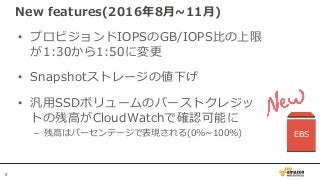 8
New features(2016年8月~11月)
• プロビジョンドIOPSのGB/IOPS比の上限
が1:30から1:50に変更
• Snapshotストレージの値下げ
• 汎用SSDボリュームのバーストクレジッ
トの残高がCloudWatchで確認可能に
– 残高はパーセンテージで表現される(0%~100%) EBS
 