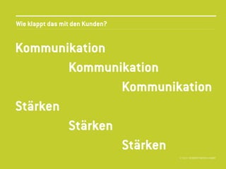 Wie klappt das mit den Kunden?


Kommunikation
        Kommunikation
                Kommunikation
Stärken
        Stärken
                Stärken
                                 © 2013 //SEIBERT/MEDIA GMBH
 