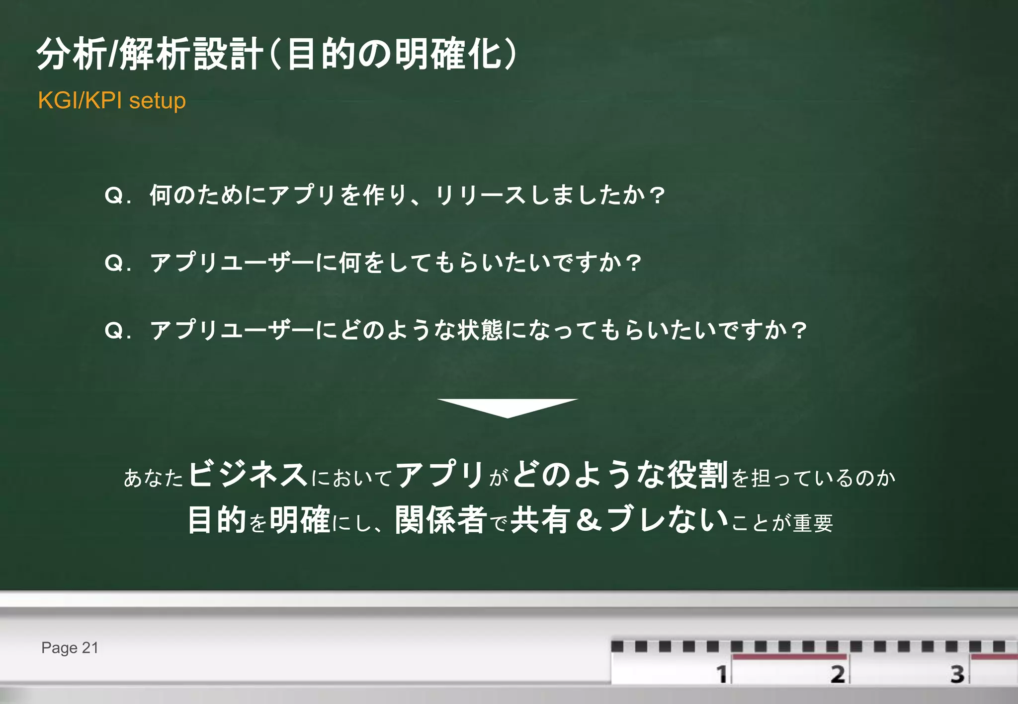 分析/解析設計（目的の明確化）
KGI/KPI setup



          Ｑ．何のためにアプリを作り、リリースしましたか？

          Ｑ．アプリユーザーに何をしてもらいたいですか？

          Ｑ．アプリユーザーにどのような状態になってもらいたいですか？




          あなたビジネスにおいてアプリがどのような役割を担っているのか

             目的を明確にし、関係者で共有＆ブレないことが重要


Page 21
 