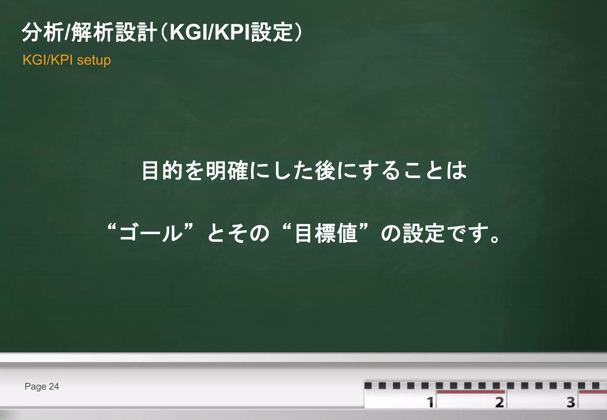 分析/解析設計（KGI/KPI設定）
KGI/KPI setup




                目的を明確にした後にすることは

          “ゴール”とその“目標値”の設定です。




Page 24
 