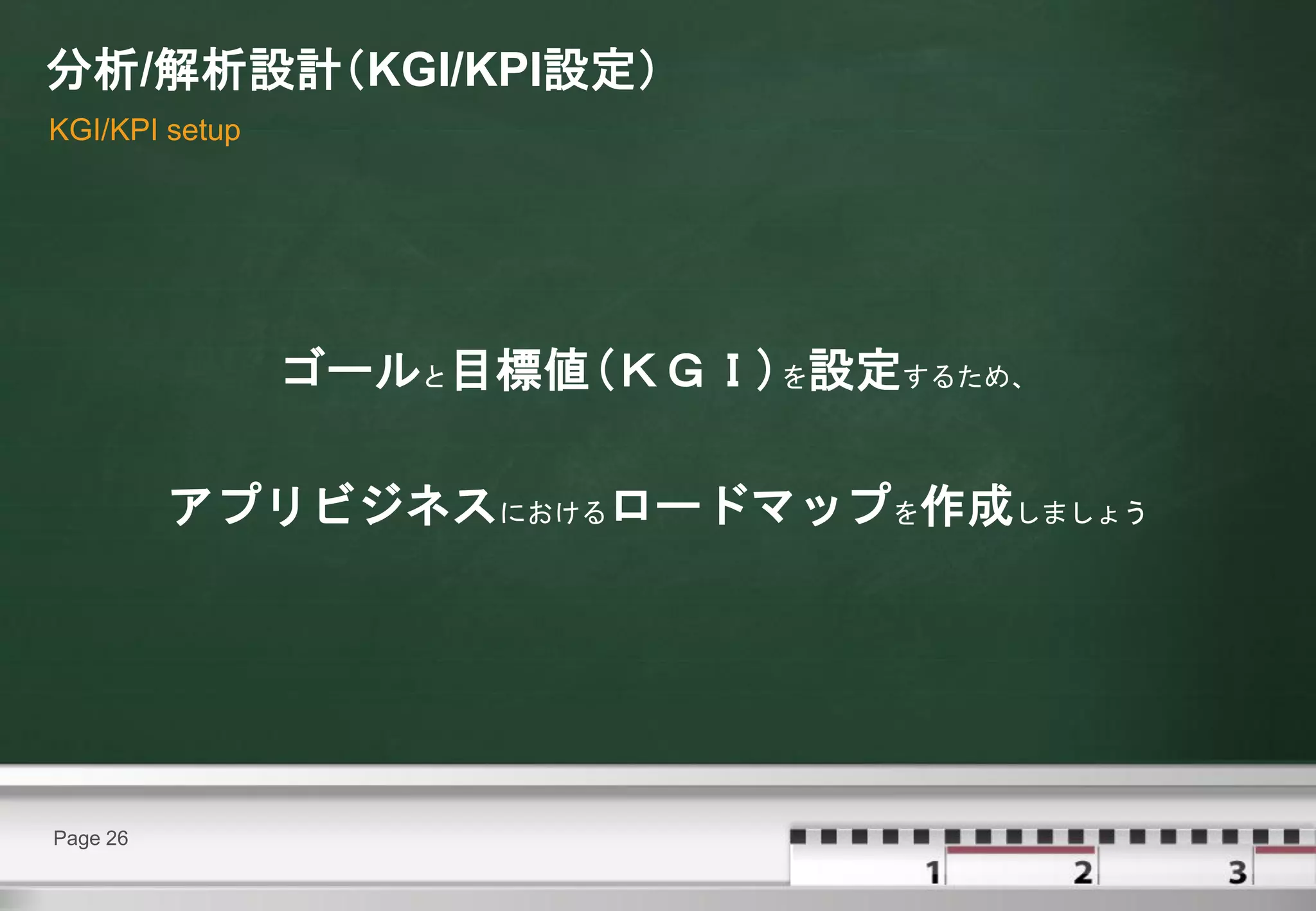 分析/解析設計（KGI/KPI設定）
KGI/KPI setup




                ゴールと目標値(ＫＧＩ)を設定するため、

          アプリビジネスにおけるロードマップを作成しましょう




Page 26
 