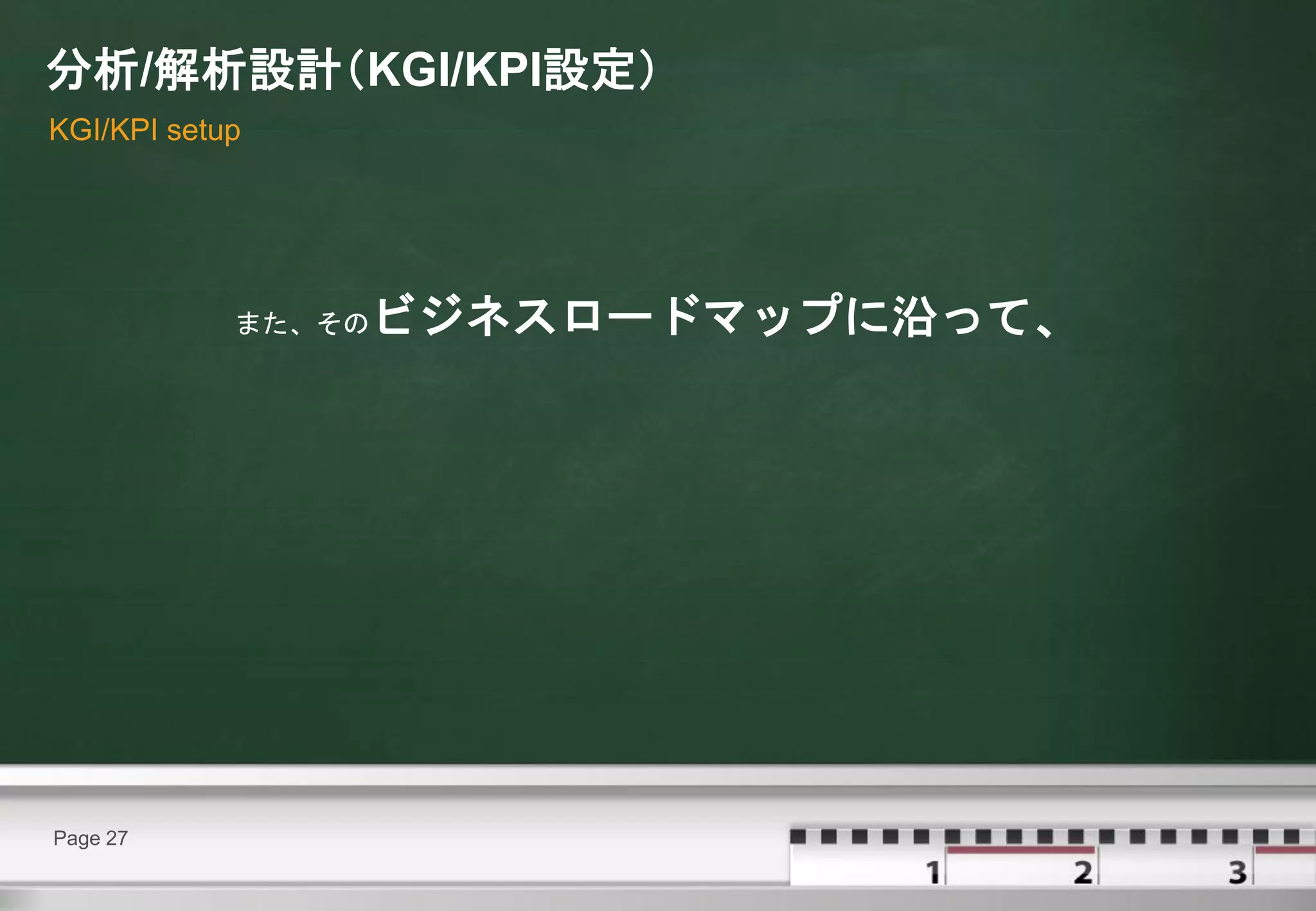 分析/解析設計（KGI/KPI設定）
KGI/KPI setup




            また、その   ビジネスロードマップに沿って、




Page 27
 